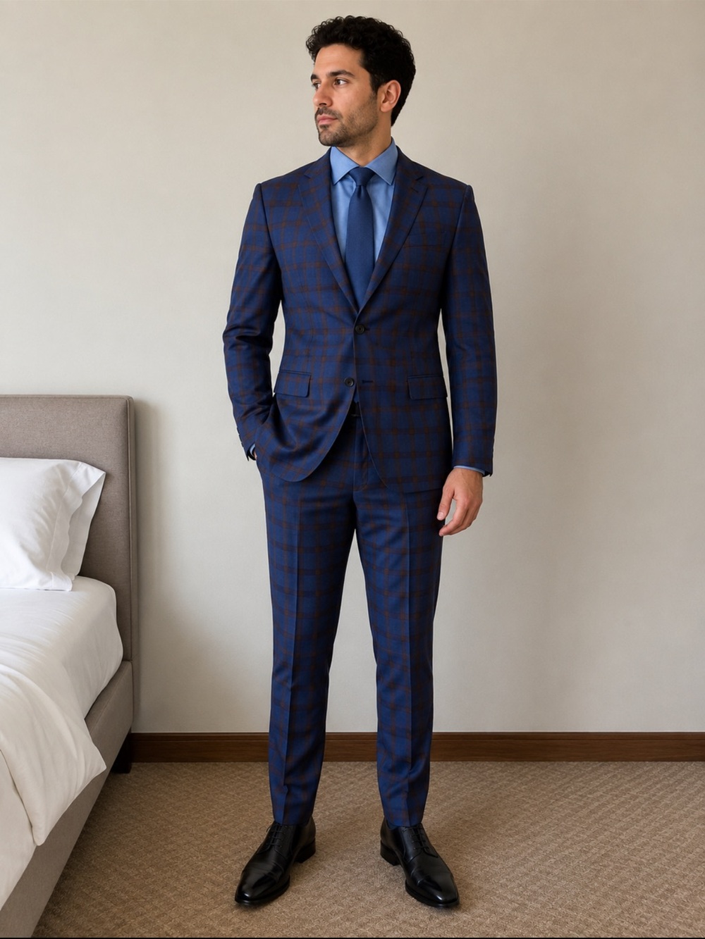 Men's Navy Windowpane Suit - Blue Checked Two-Piece